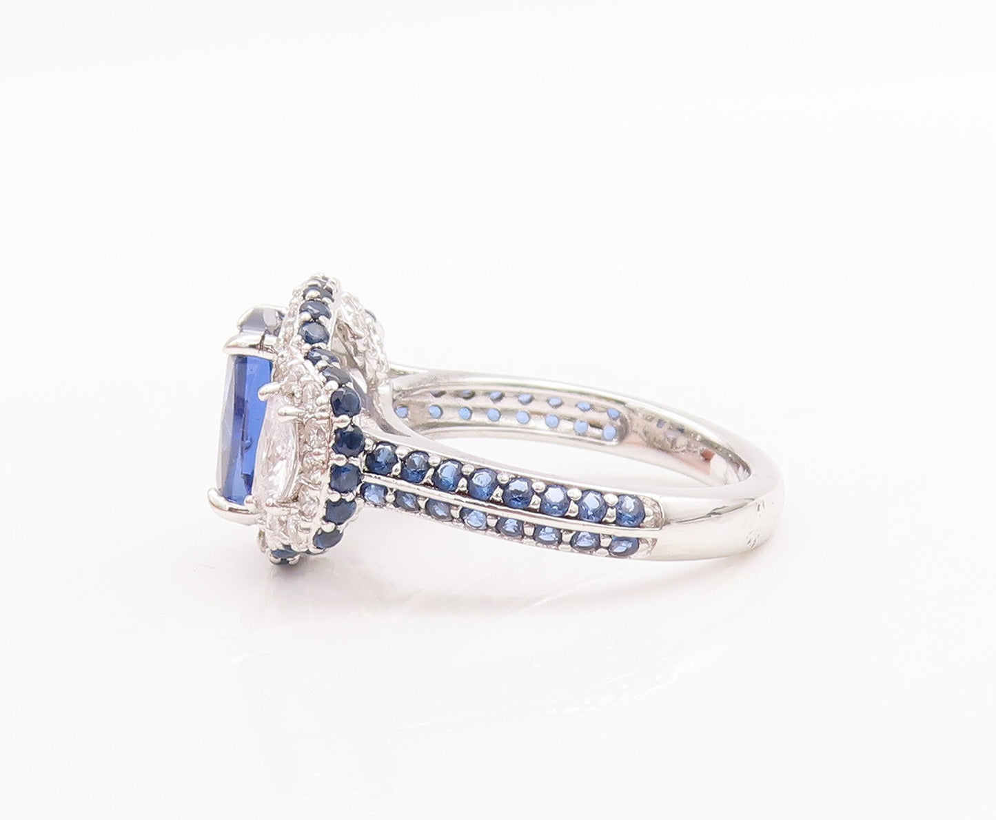 925 Sterling Silver Vintage Ring Designer Blue & White CZ Inlay  Sz 7  RG29594