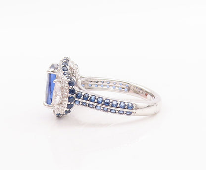 925 Sterling Silver Vintage Ring Designer Blue & White CZ Inlay  Sz 7  RG29594