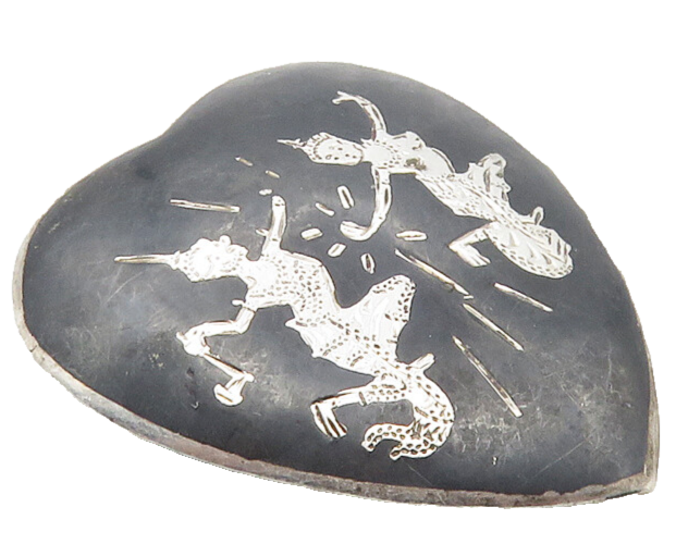 SIAM 925 Sterling Silver  Vintage Enamel Niello Dancer Heart Brooch Pin BP4004