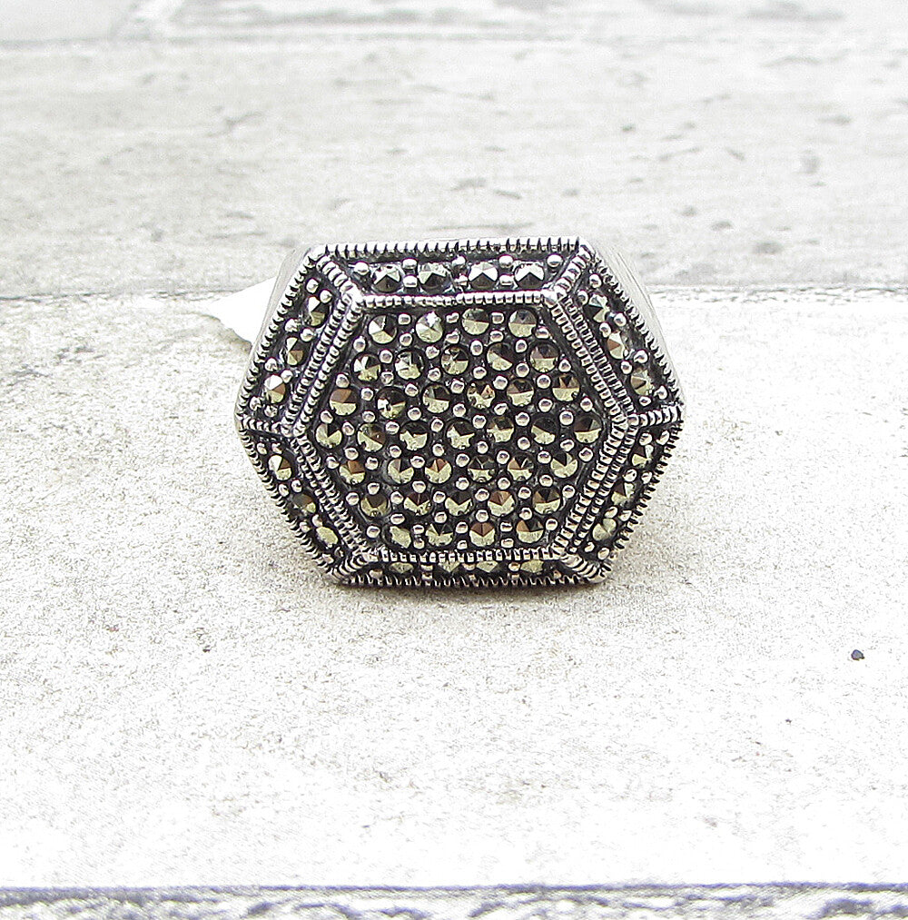 925 Sterling Silver  Marcasite Hexagon Cluster Ring Sz 6.5  RG1555