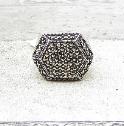 925 Sterling Silver  Marcasite Hexagon Cluster Ring Sz 6.5  RG1555