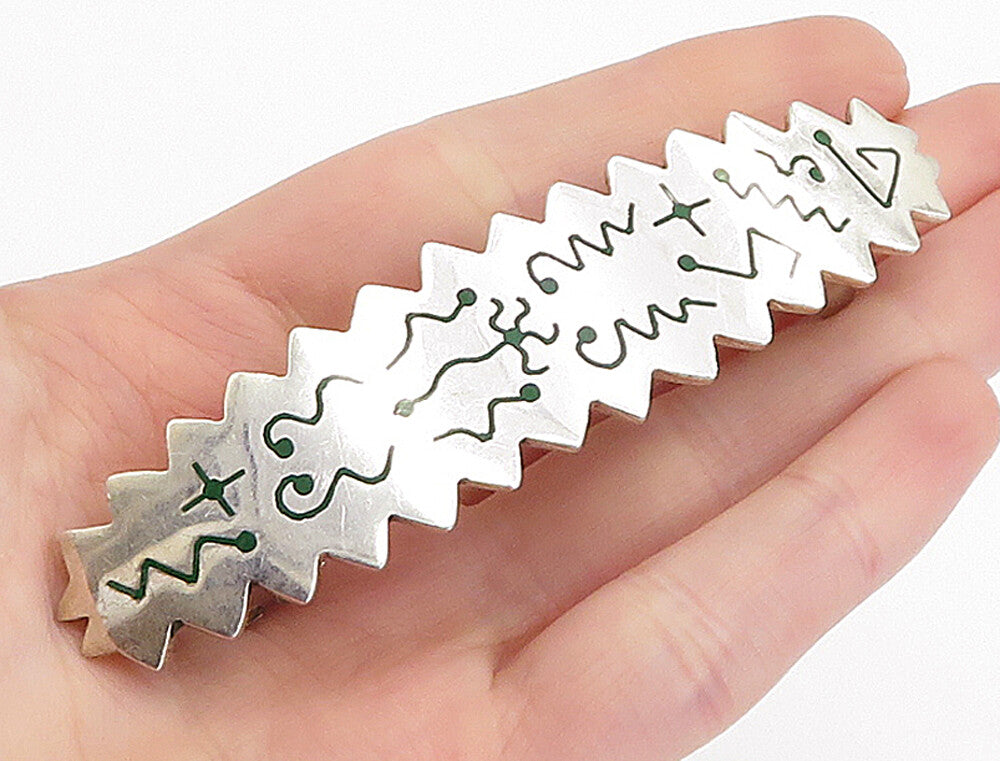MEXICO 925 Sterling Silver  Vintage Enamel Pattern Serrated Hair Clip  TR1174