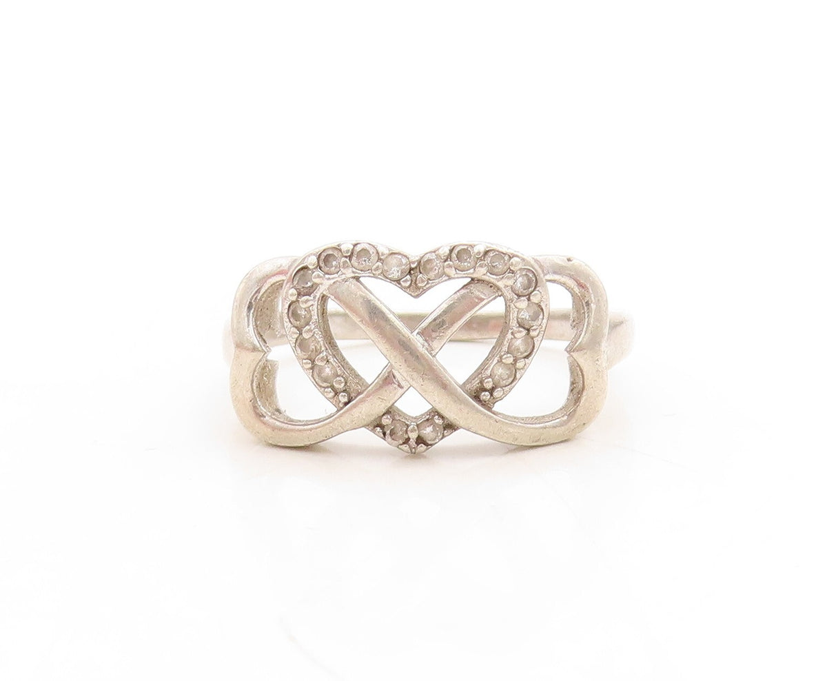 925 Sterling Silver Vintage Ring Topaz Inlay Infinity Hearts Cutout Sz 8 RG31629