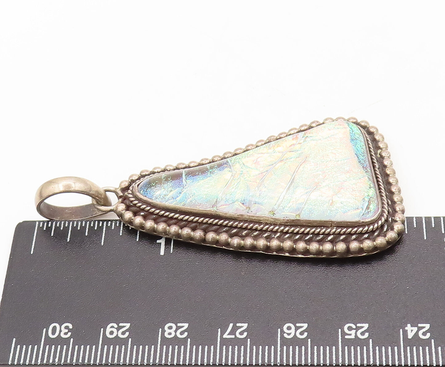 925 Sterling Silver Vintage Pendant Roman Glass Halo Twisted Rope Beaded PT22435