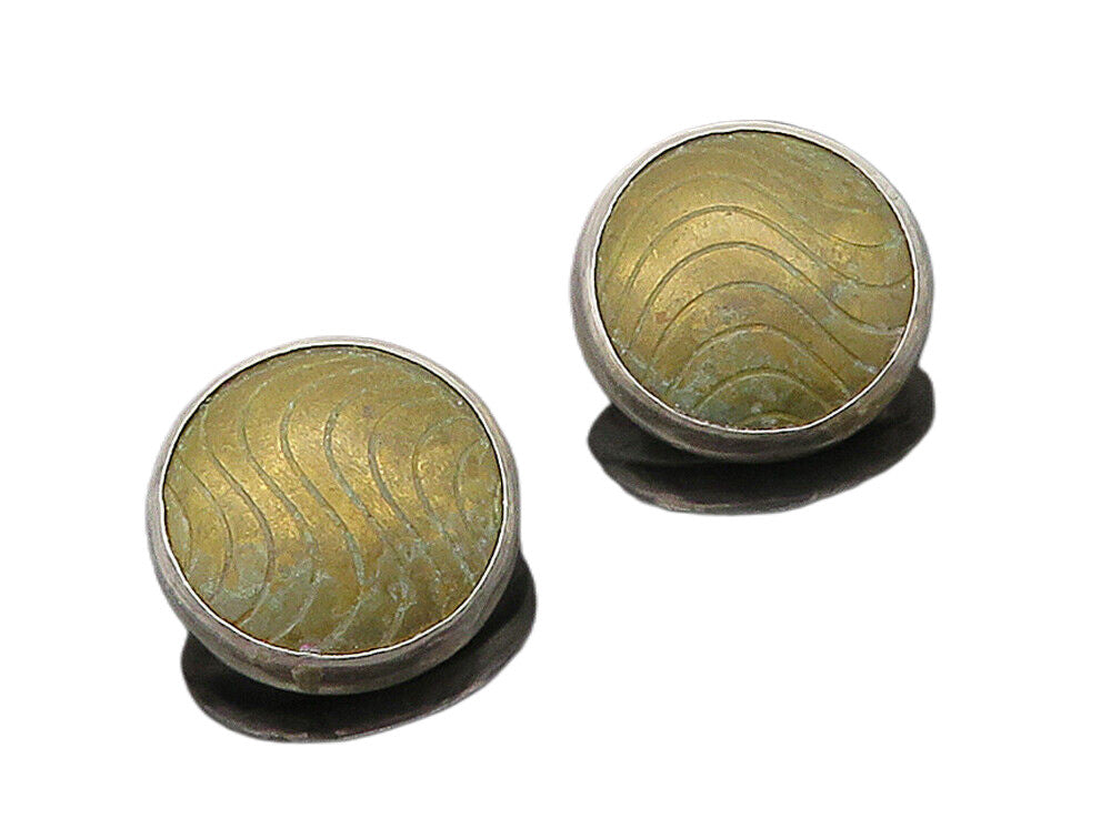 ISRAEL 925 Silver  Vintage Two Tone Non Pierce Button Drop Earrings  EG8134