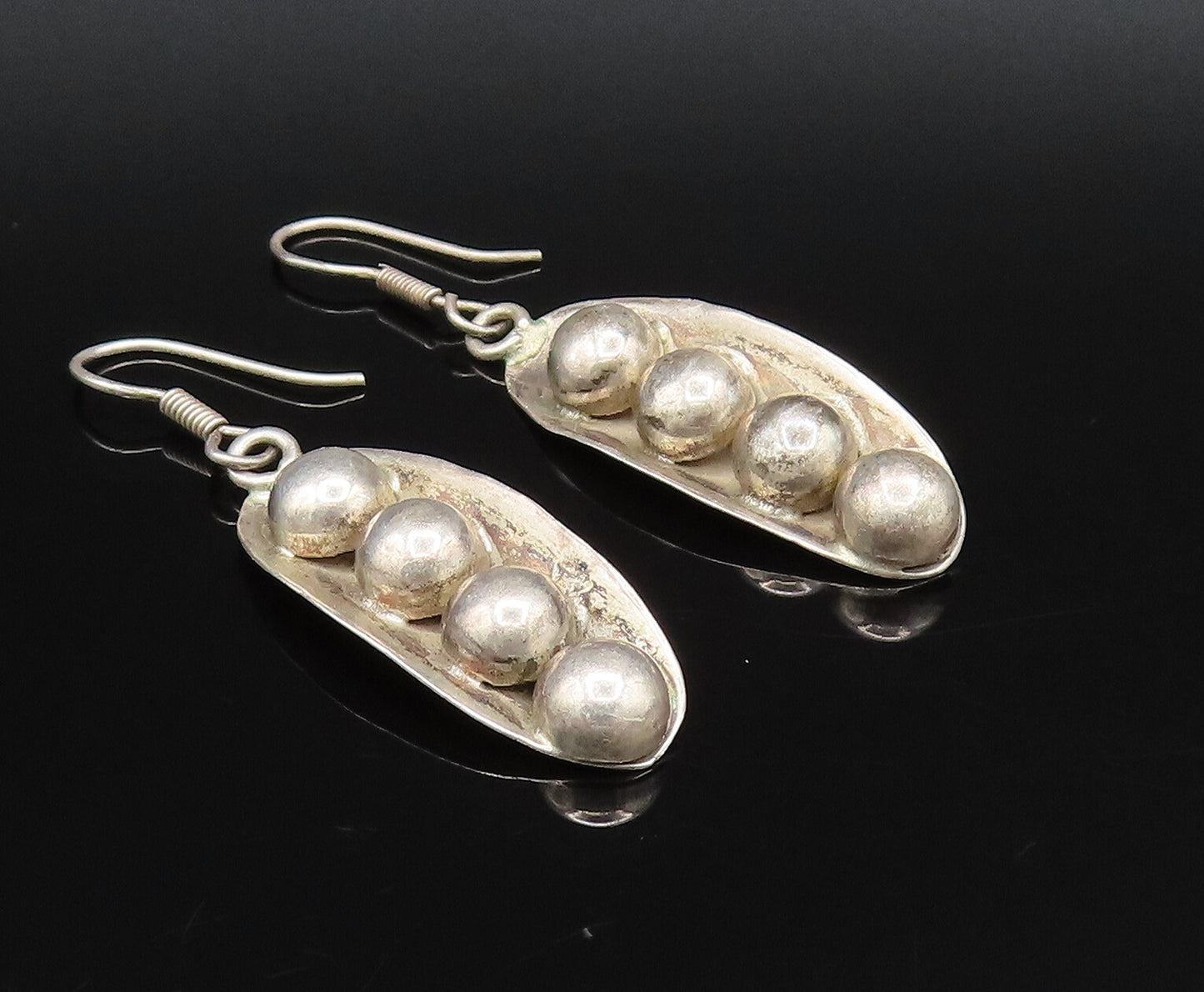 MEXICO 925 Sterling Silver Vintage Four Bead Leaf Ball Dangle Earrings EG12202