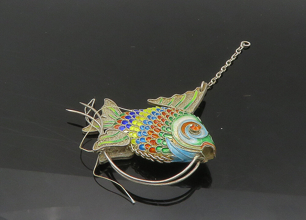 925 Sterling Silver  Vintage Hollow Enamel Fish Pendant (MOVES)  PT17733