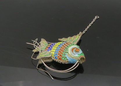 925 Sterling Silver  Vintage Hollow Enamel Fish Pendant (MOVES)  PT17733
