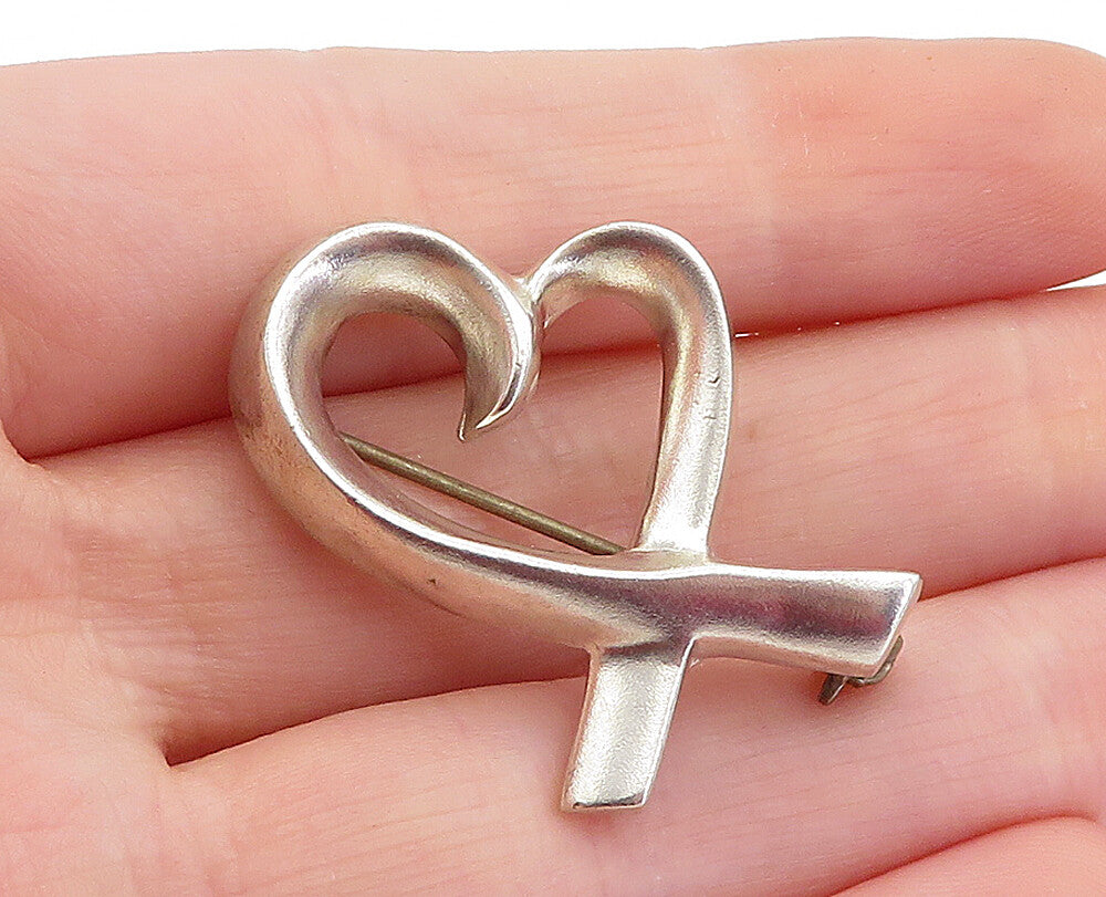 925 Sterling Silver  Vintage Shiny Open Love Heart Ribbon Brooch Pin  BP1923