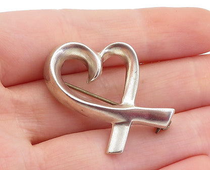 925 Sterling Silver  Vintage Shiny Open Love Heart Ribbon Brooch Pin  BP1923