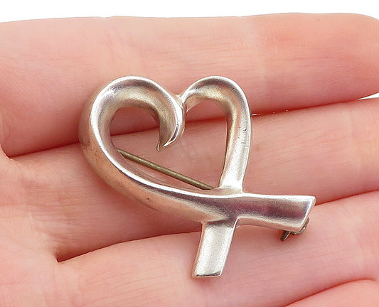 925 Sterling Silver  Vintage Shiny Open Love Heart Ribbon Brooch Pin  BP1923