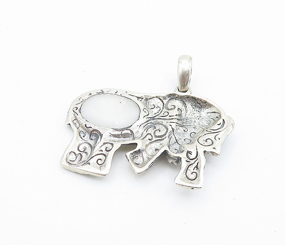 925 Sterling Silver  Vintage Inlaid Mother Of Pearl Elephant Pendant  PT5541
