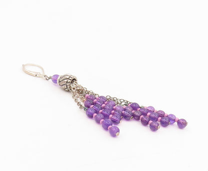 925 Sterling Silver Vintage Earrings Purple Beaded Chandelier Dangles  EG13910