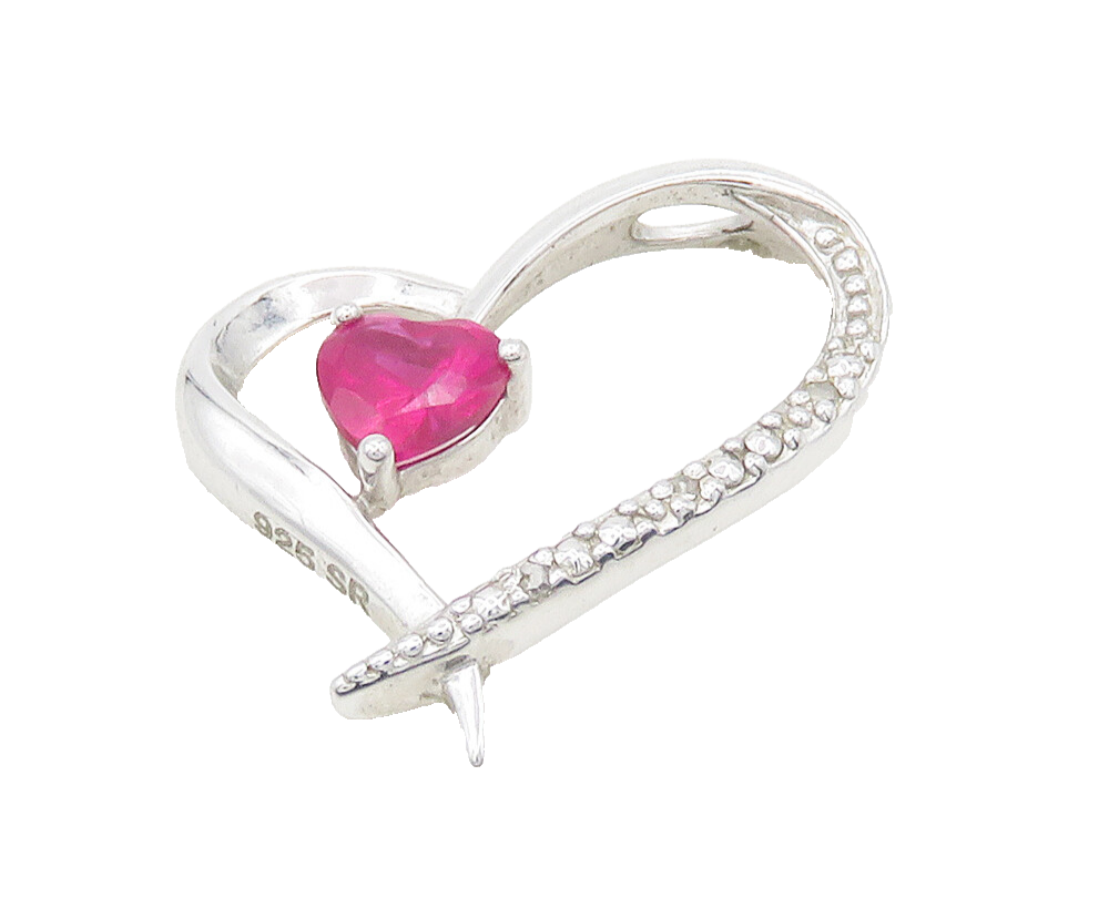 925 Sterling Silver  Pink Topaz & Genuine Diamonds Love Heart Pendant  PT12944