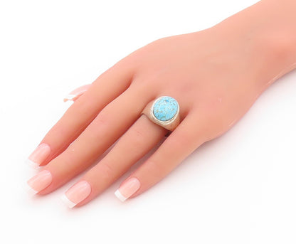 925 Sterling Silver Vintage Ring Designer Cabochon Oval Turquoise  Sz 12 RG32599