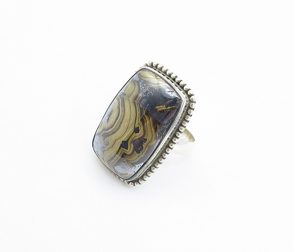 925 Sterling Silver  Cabochon Cut Brown Agate Square Cocktail Ring Sz 8 RG8141
