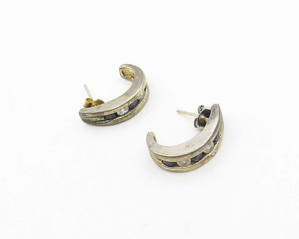 925 Silver & 10K GOLD  Vintage Cubic Zirconia & Sapphire Drop Earrings  EG9344