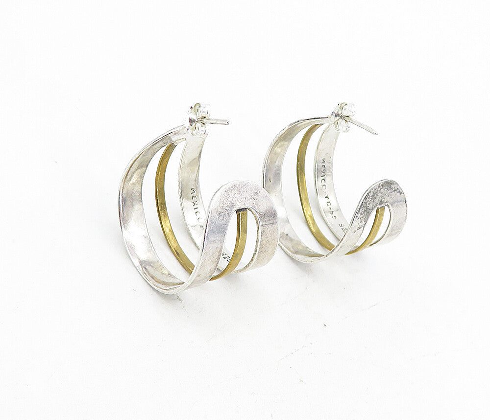 MEXICO 925 Sterling Silver Vintage Smooth Two Tone Hoop Earrings EG4414