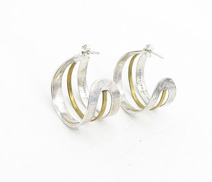 MEXICO 925 Sterling Silver Vintage Smooth Two Tone Hoop Earrings EG4414