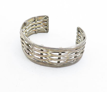 MEXICO 925 Silver  Vintage Dark Tone Basket Weave Design Cuff Bracelet  BT1604