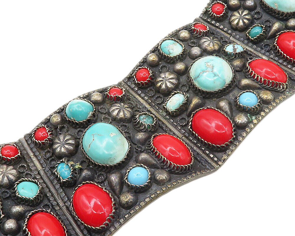 925 Sterling Silver Vintage Real Gemstones Large Panel Chain Bracelet  BT6661