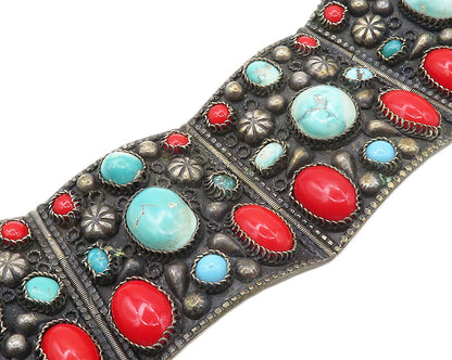 925 Sterling Silver Vintage Real Gemstones Large Panel Chain Bracelet  BT6661