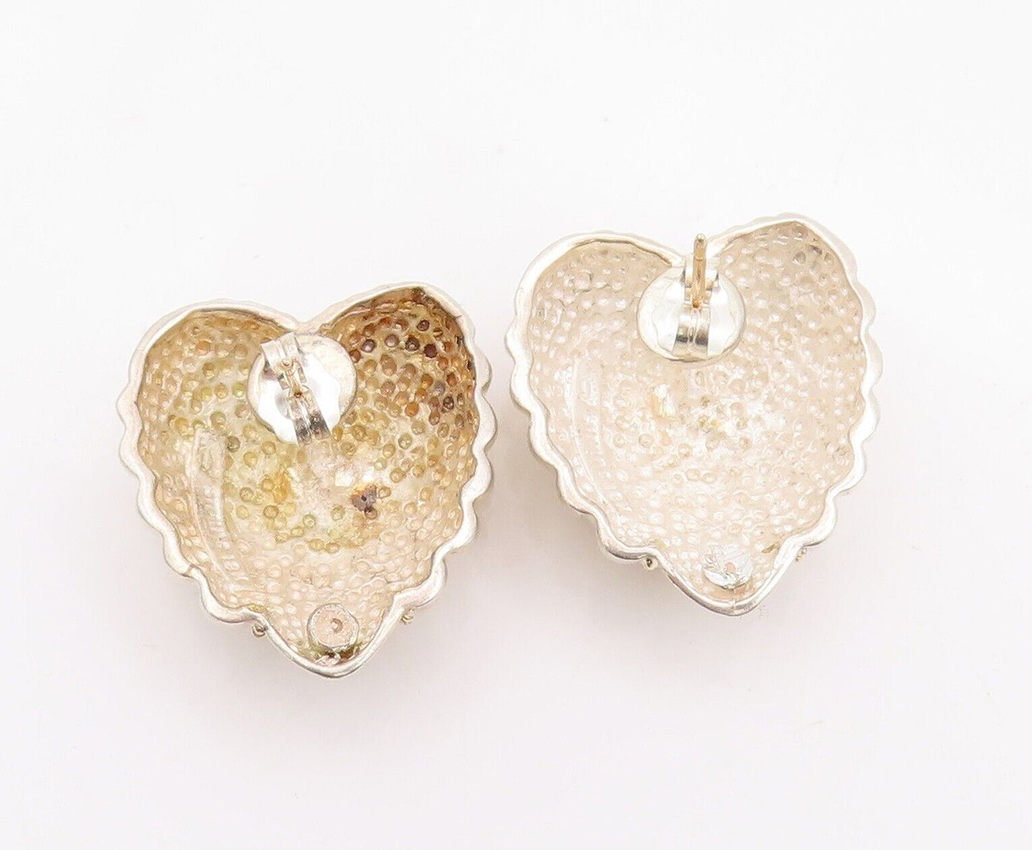 18k Gold 925 Sterling Silver Vintage Earrings Domed Carved Heart  EG13068