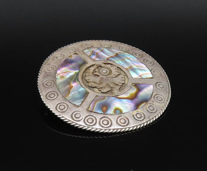 MEXICO 925 Silver  Vintage Rope Border & Circles Abalone Brooch Pin  BP10037