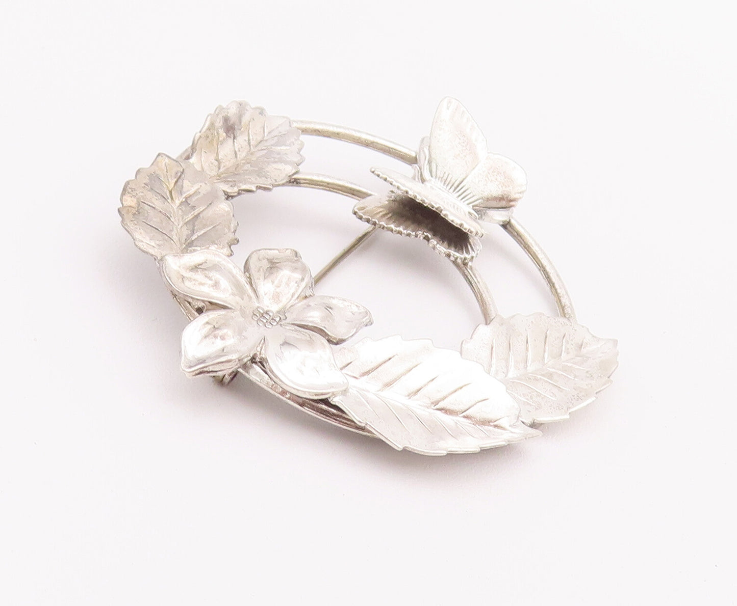 925 Sterling Silver Vintage Brooch Pin Solid Carved Butterfly Flowers  BP10770