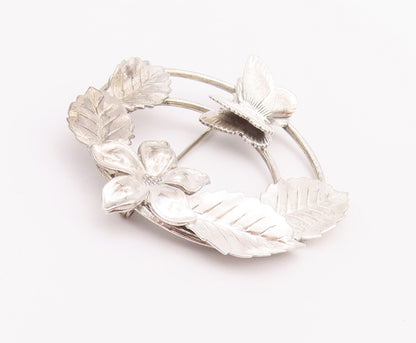 925 Sterling Silver Vintage Brooch Pin Solid Carved Butterfly Flowers  BP10770