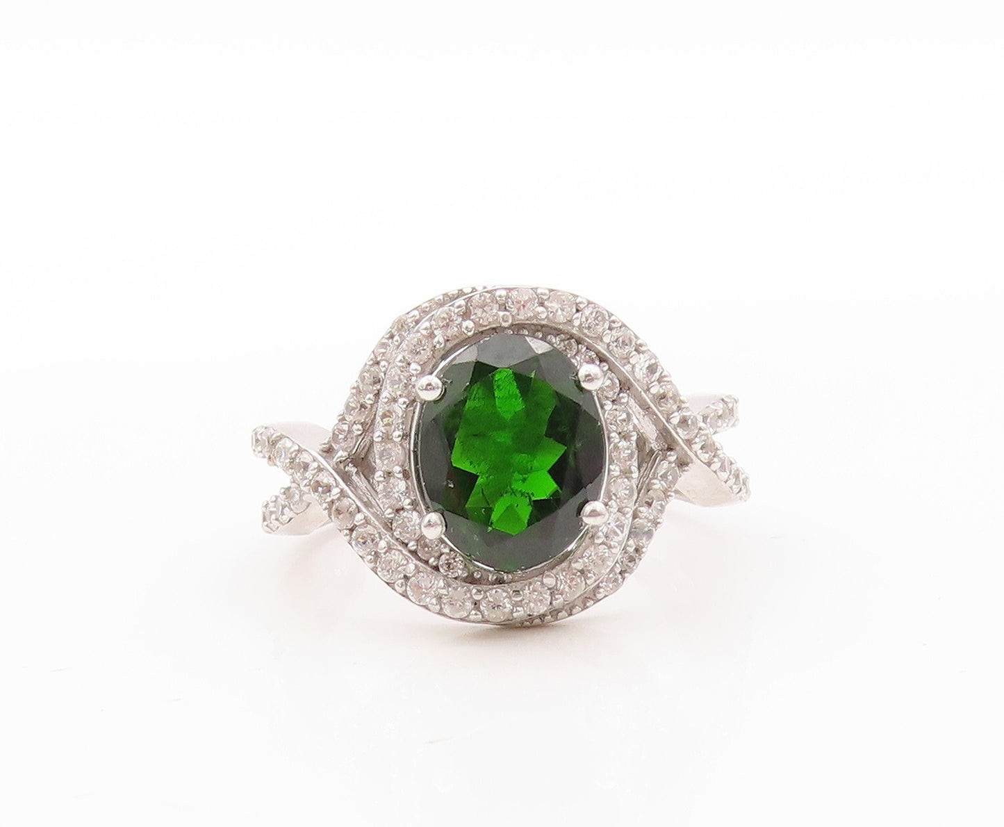 925 Sterling Silver Vintage Ring Designer Green Halo White CZ  Sz 8.5  RG30869