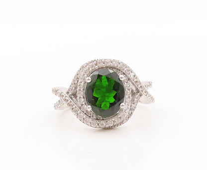 925 Sterling Silver Vintage Ring Designer Green Halo White CZ  Sz 8.5  RG30869