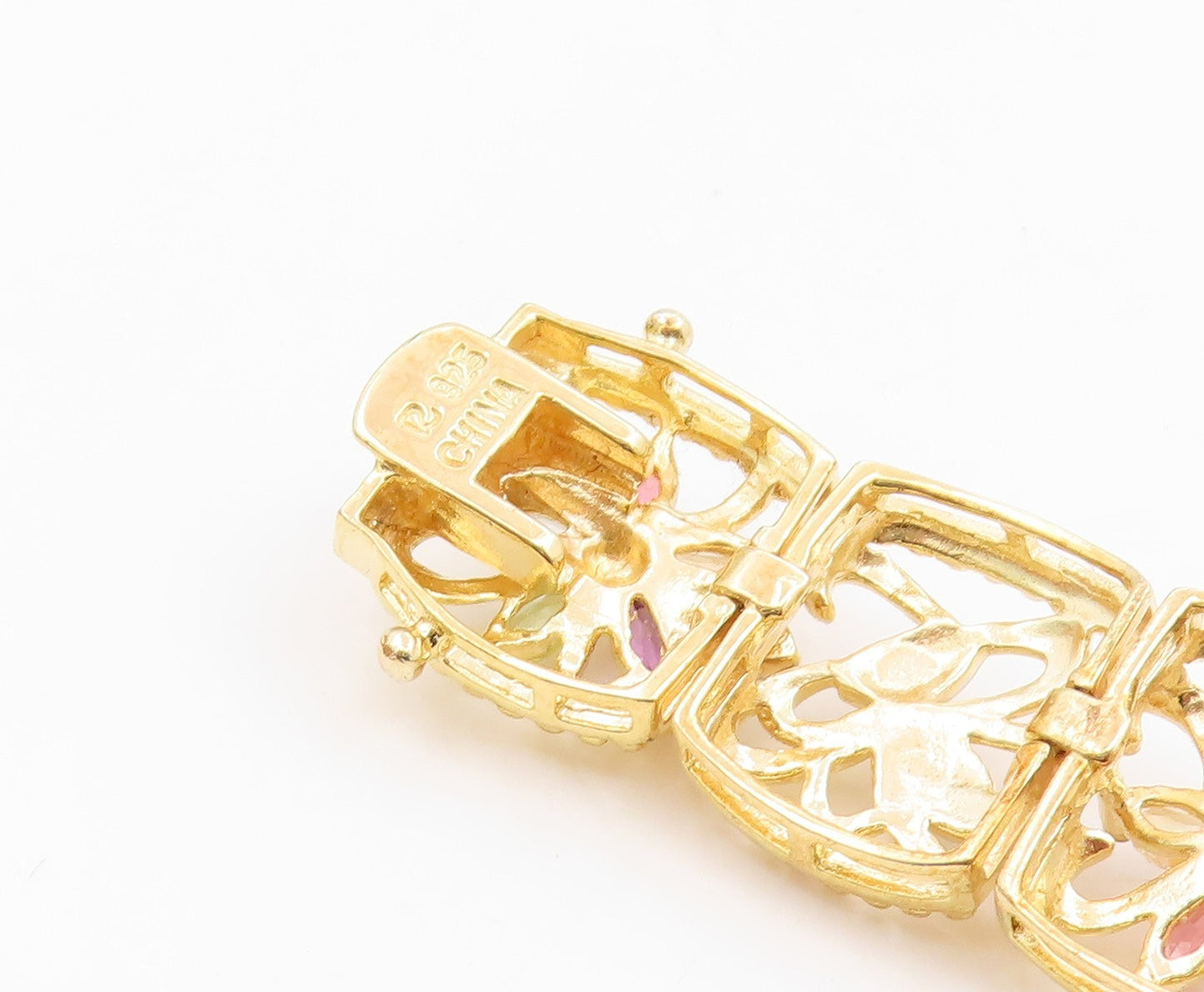 925 Sterling Silver Vintage Bracelet Gold Plated Gemstone Floral Link  BT12076