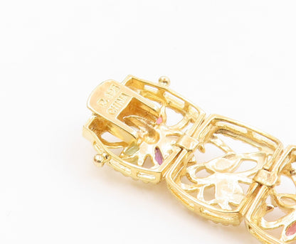925 Sterling Silver Vintage Bracelet Gold Plated Gemstone Floral Link  BT12076