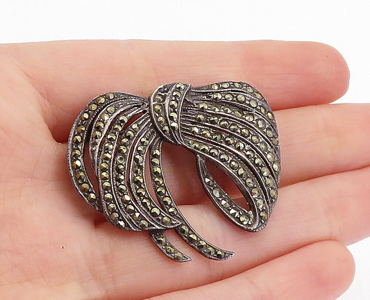 925 Sterling Silver  Vintage Marcasite Decorated Ribbon Bow Brooch Pin  BP2279
