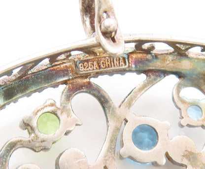 925 Sterling Silver Vintage Pendant Beaded Frame Topaz Peridot Swirls  PT22512