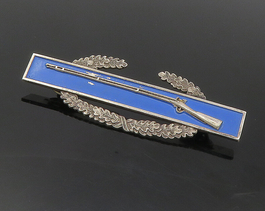 925 Sterling Silver  Vintage Enamel Coated Rifle Gun Wreath Lapel Pin  TR1682