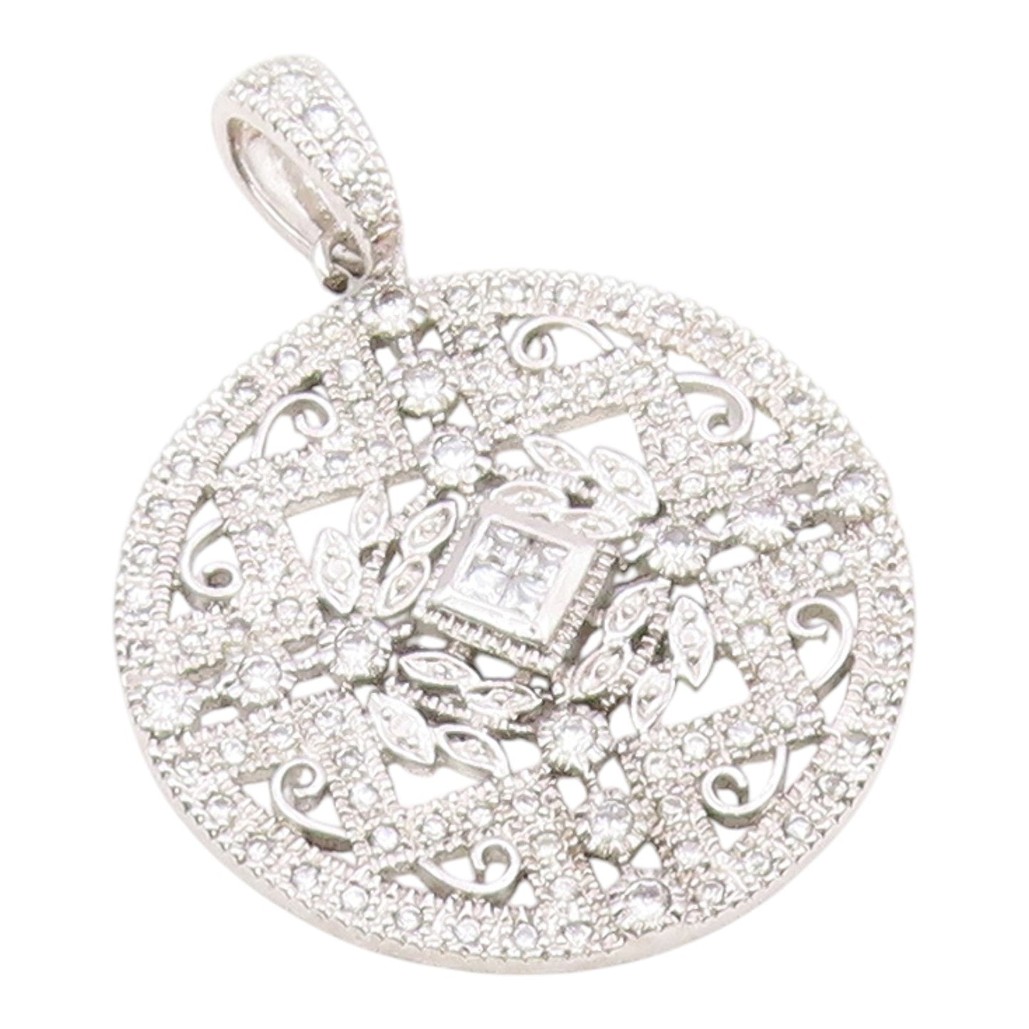 925 Sterling Silver  Vintage Cubic Zirconia Floral Vine Round Pendant  PT14435