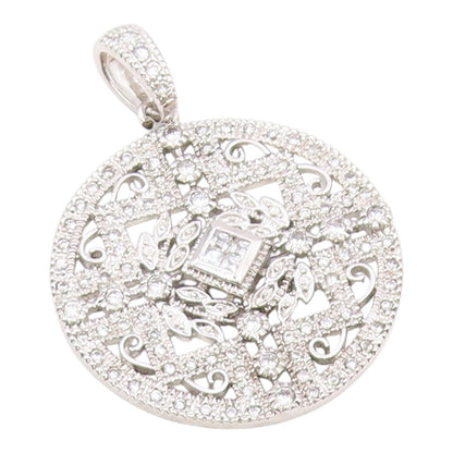 925 Sterling Silver  Vintage Cubic Zirconia Floral Vine Round Pendant  PT14435