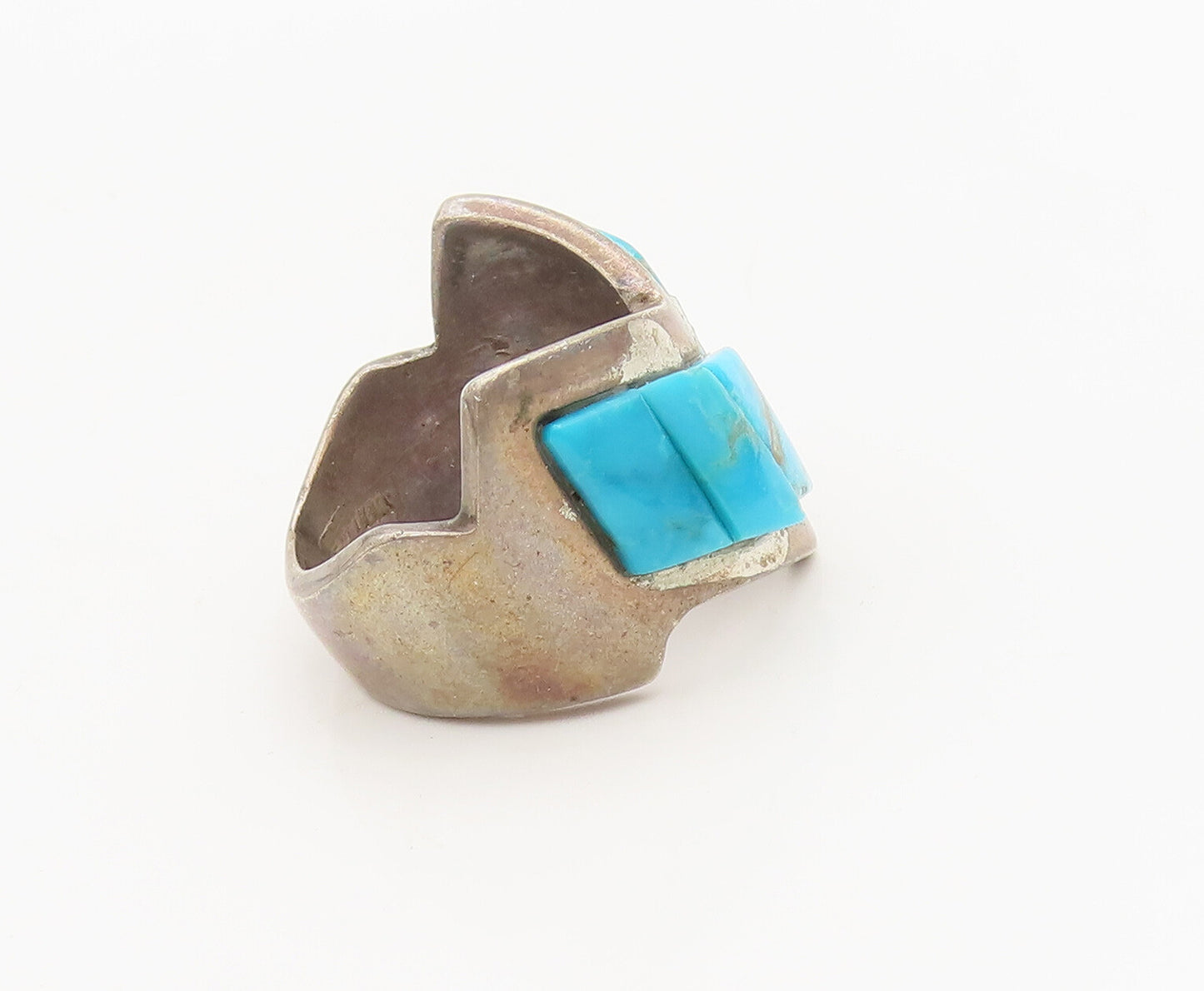 ZUNI NAVAJO 925 Silver  Vintage Antique Turquoise Zigzag Ring Sz 8  RG27139