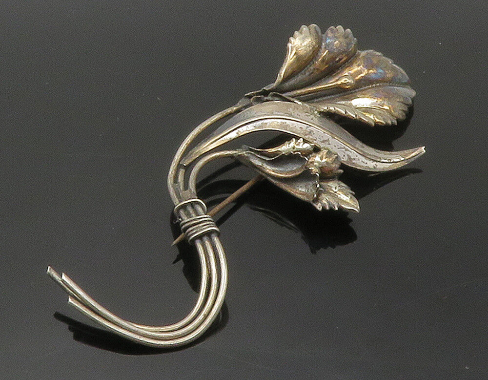 925 Sterling Silver  Vintage Dark Tone Tied Flowers Brooch Pin  BP6010