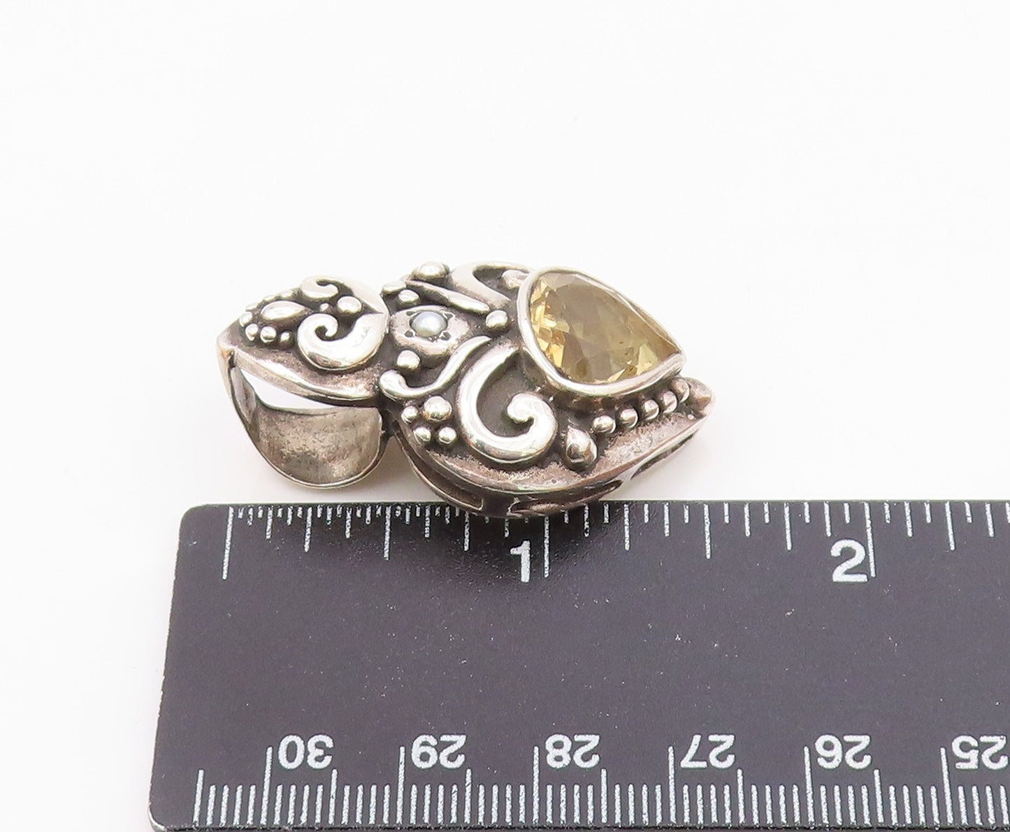 925 Sterling Silver  Vintage Citrine & Petite Pearl Swirl Pendant  PT16826