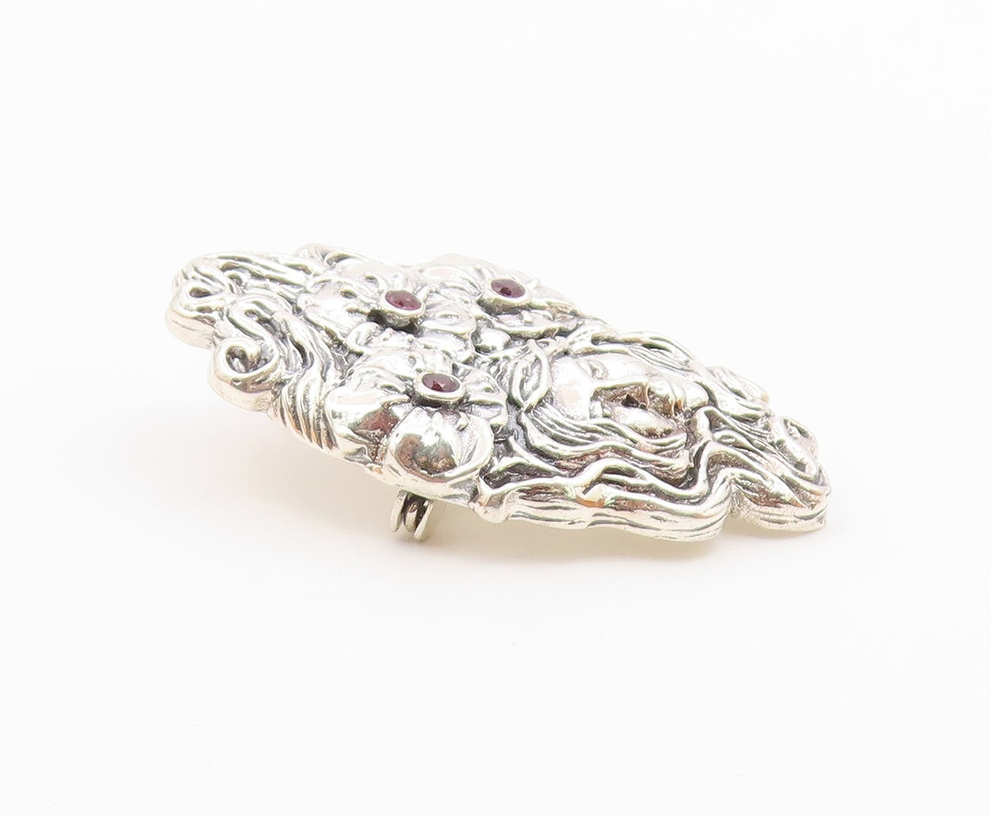 925 Sterling Silver  Vintage Garnet Floral Woman Shiny Brooch Pin  BP7953