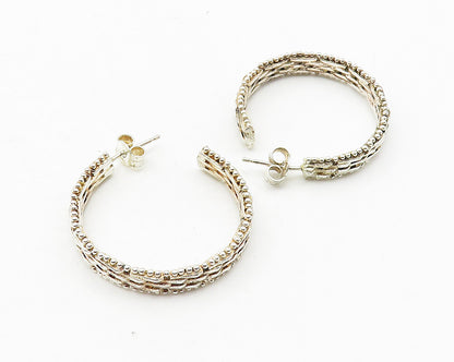 925 Sterling Silver  Vintage Shiny Weaved Detail Round JHoop Earrings  EG5575