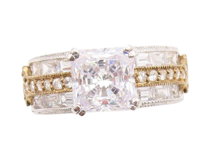925 Sterling Silver Vintage Ring Modernist Two tone CZ Dome Band Sz 8 RG33451