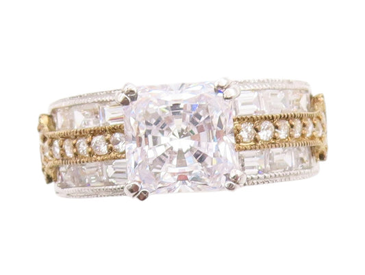 925 Sterling Silver Vintage Ring Modernist Two tone CZ Dome Band Sz 8 RG33451