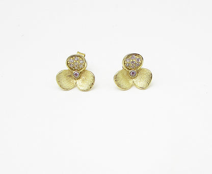 Gold Over 925 Sterling Silver White Cubic Zirconia Floral Stud Earrings EG1444