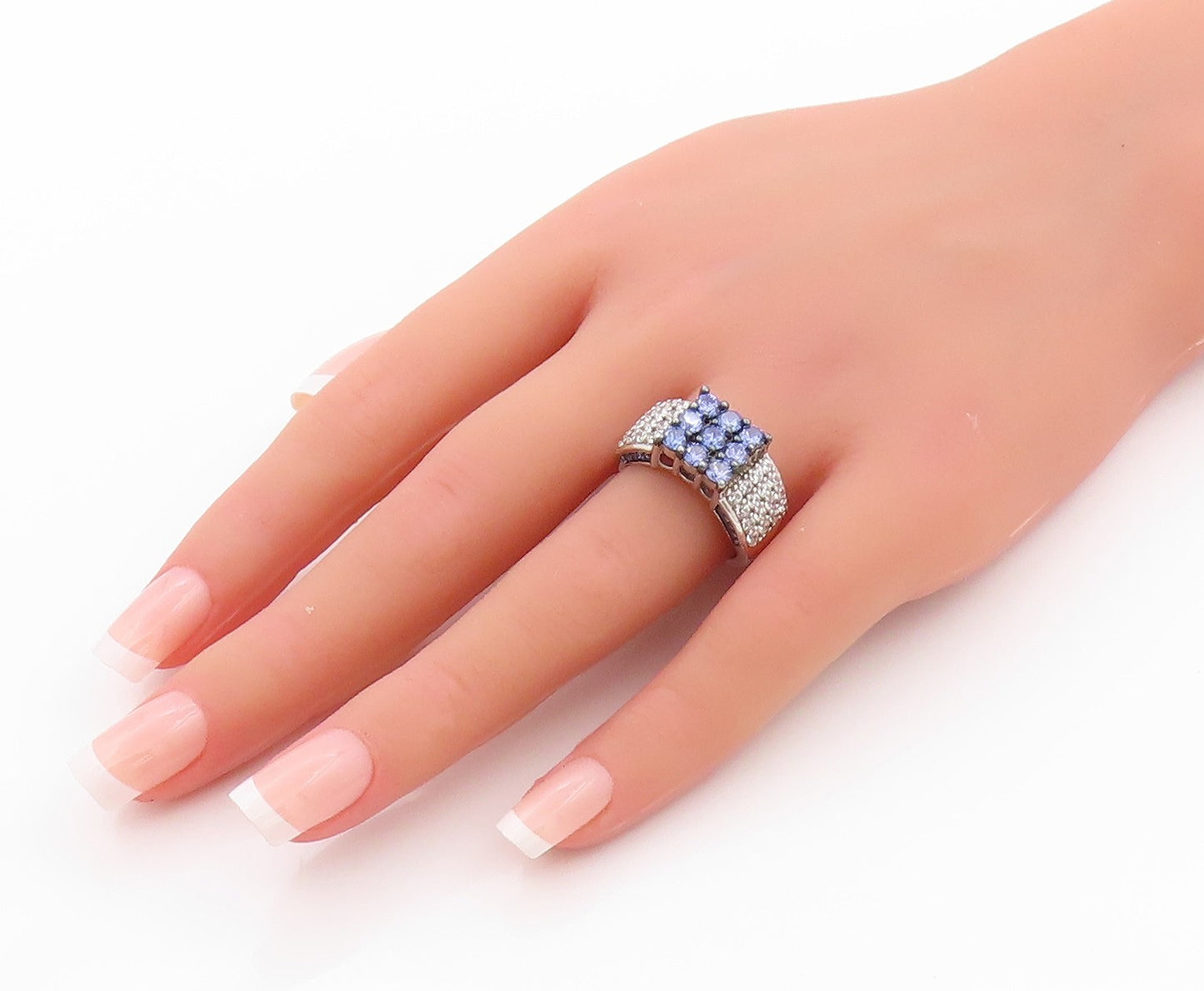 925 Sterling Silver Vintage Ring Modernist Blue & White CZ Inlay  Sz 8  RG32640