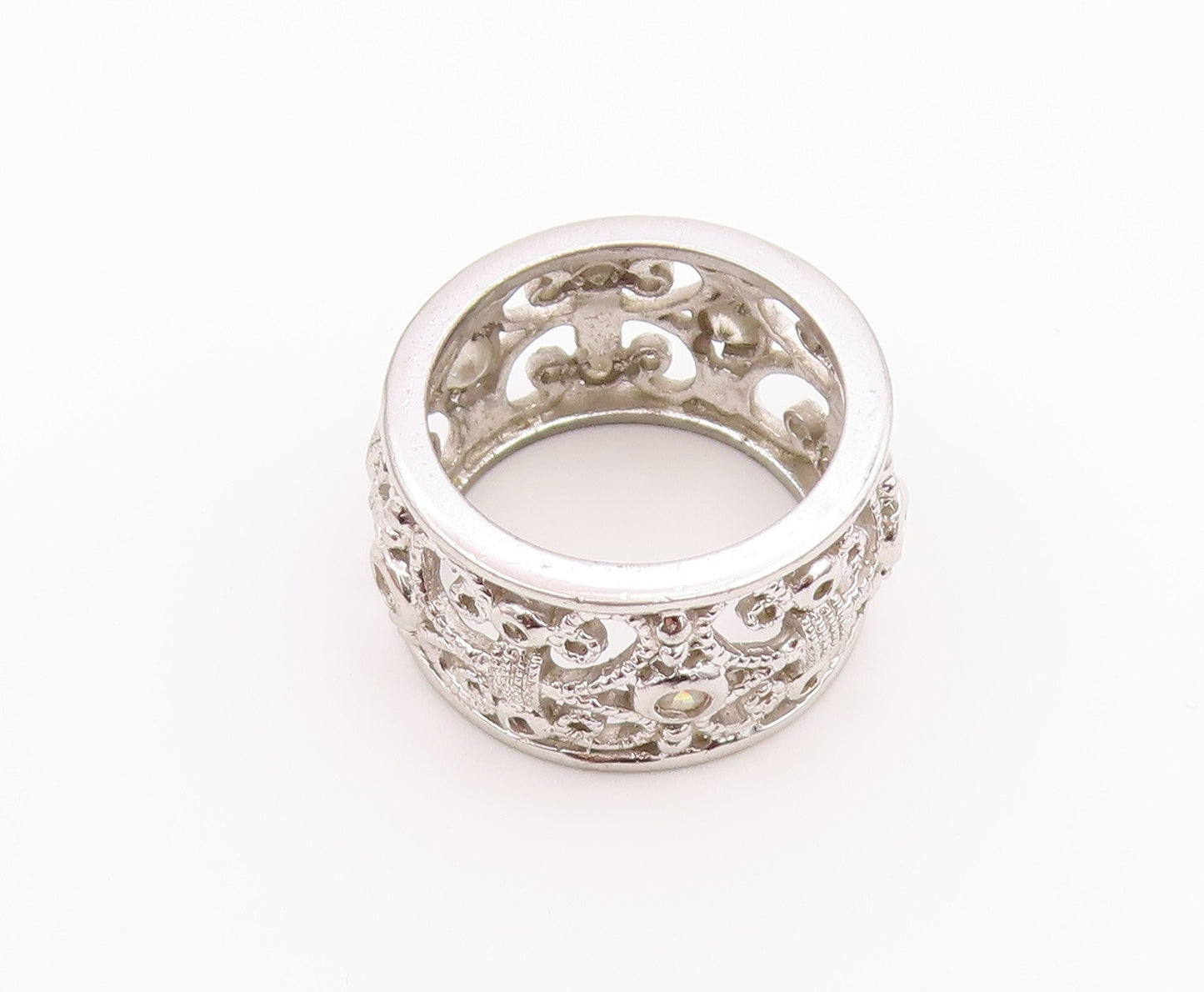 925 Sterling Silver Vintage Ring CZ Open Scrollwork Wide Band  Sz 7  RG36551