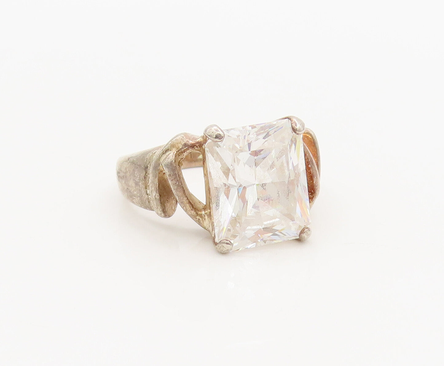 925 Sterling Silver  Vintage Designer Rectangular CZ Carved Ring Sz 7  RG26958